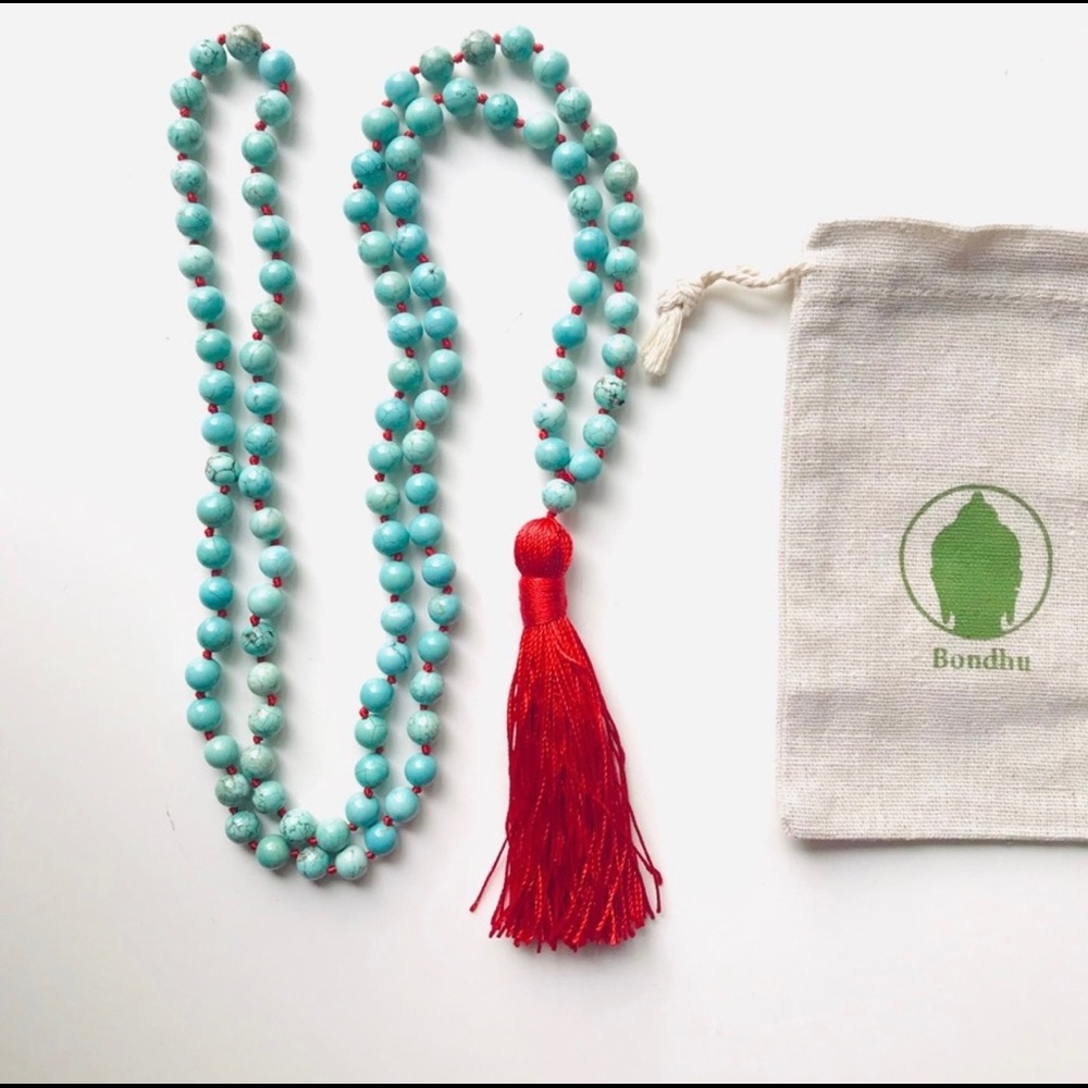 Turquoise Mala Bead Necklace with Red Tassel
